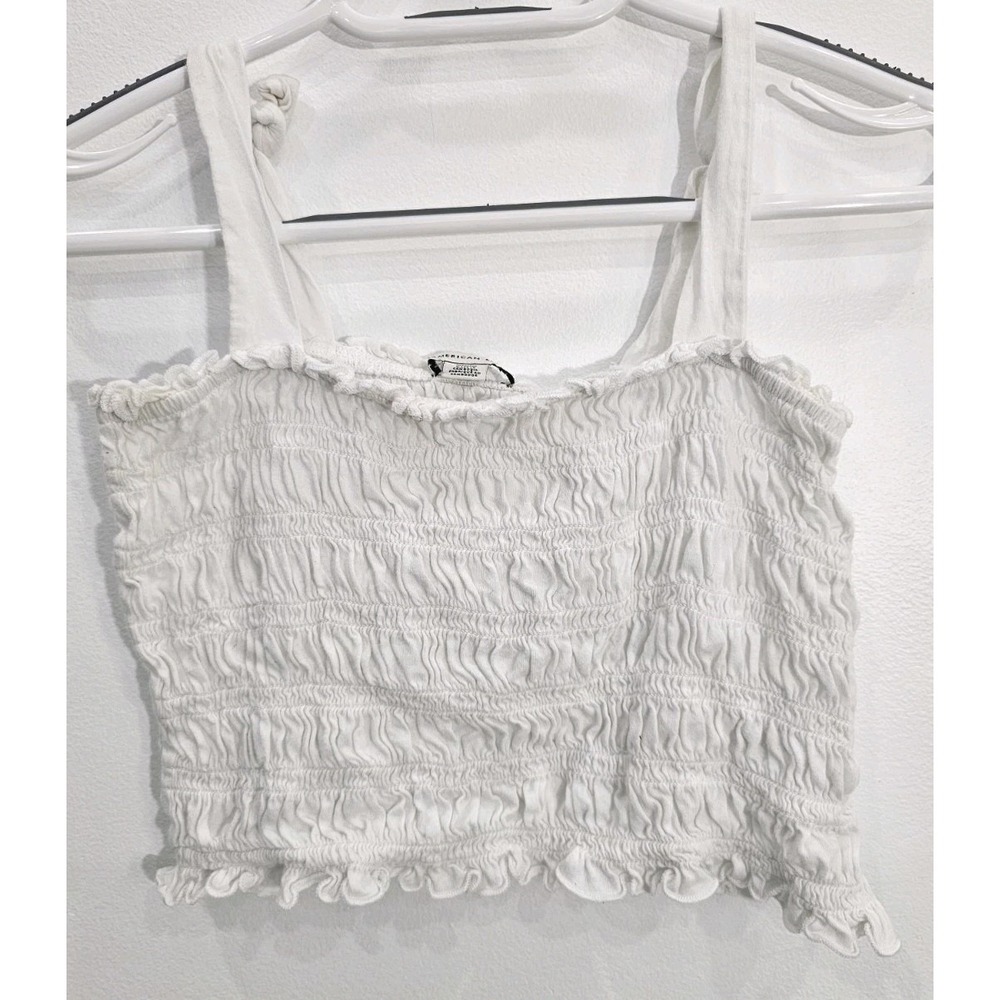American Eagle Womens Tank Top Crop Top Shirt Smocked White Cotton Medium M NWT